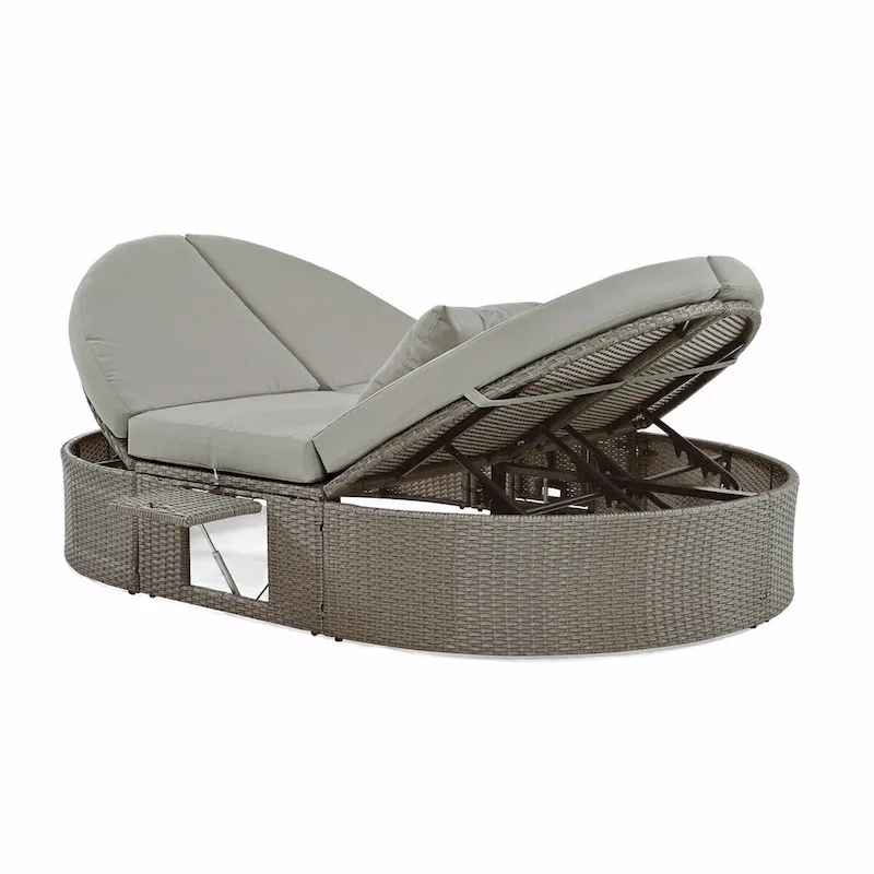 Rattan Patio Daybed with Cushions, Reclining Chaise Lounge, Foldable Trays
