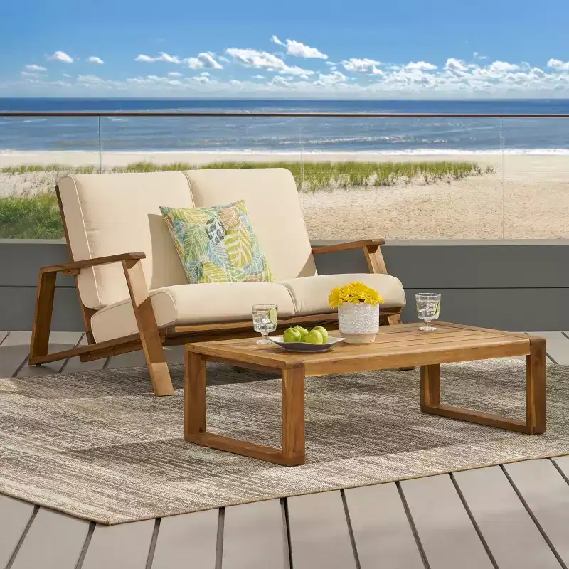 Christopher Knight Home Paloma Outdoor Acacia Wood Loveseat and Table Set with Cushions