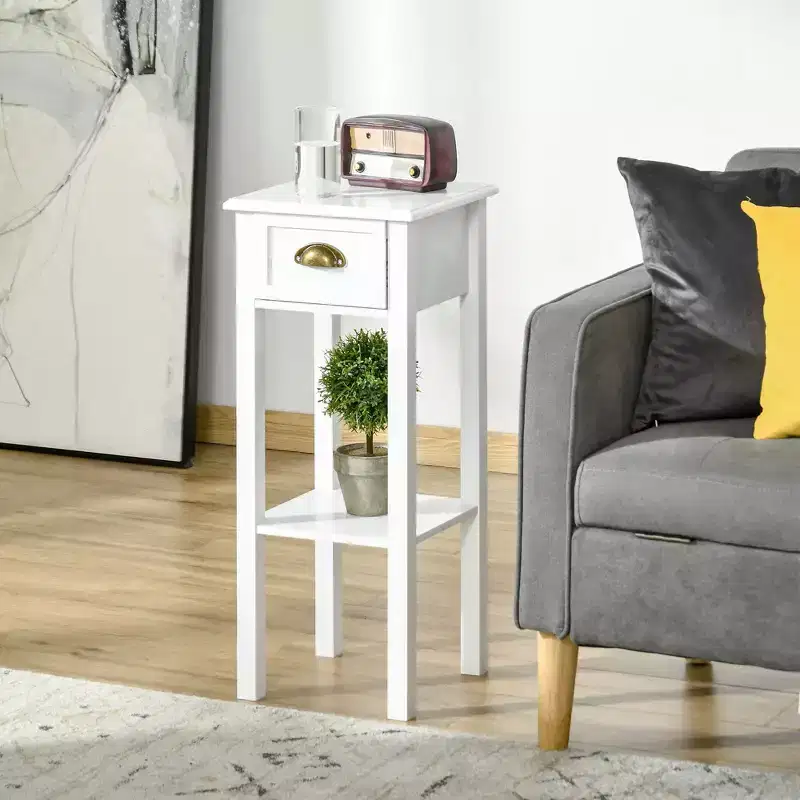 HOMCOM 2-Tier Side Table with Drawer, Narrow End Table with Bottom Shelf, for Living Room or Bedroom, Set of 2, White
