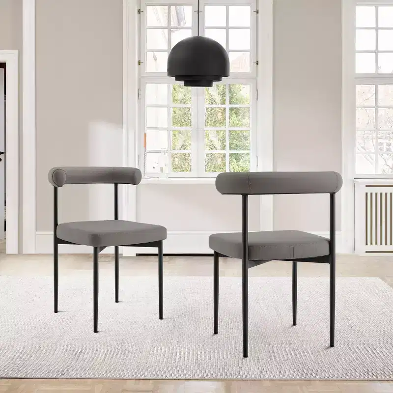 Armen Living Set of 2 Shannon Iron and Faux Leather Dining Chairs Matte Black/Light Gray