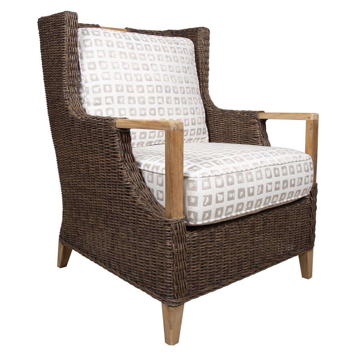 Wicker Teakwood Wingback Lounge Chair Brown Cushioned Patio Accent Armchair