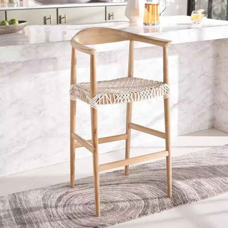 Teak & White Leather Barstool with Arms | 29