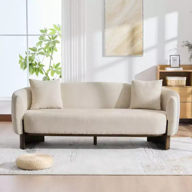 Christopher Knight Home Jennie 81'' Modern Boucle Upholstered 3-Seater Sofa with Wooden Base and Pillows