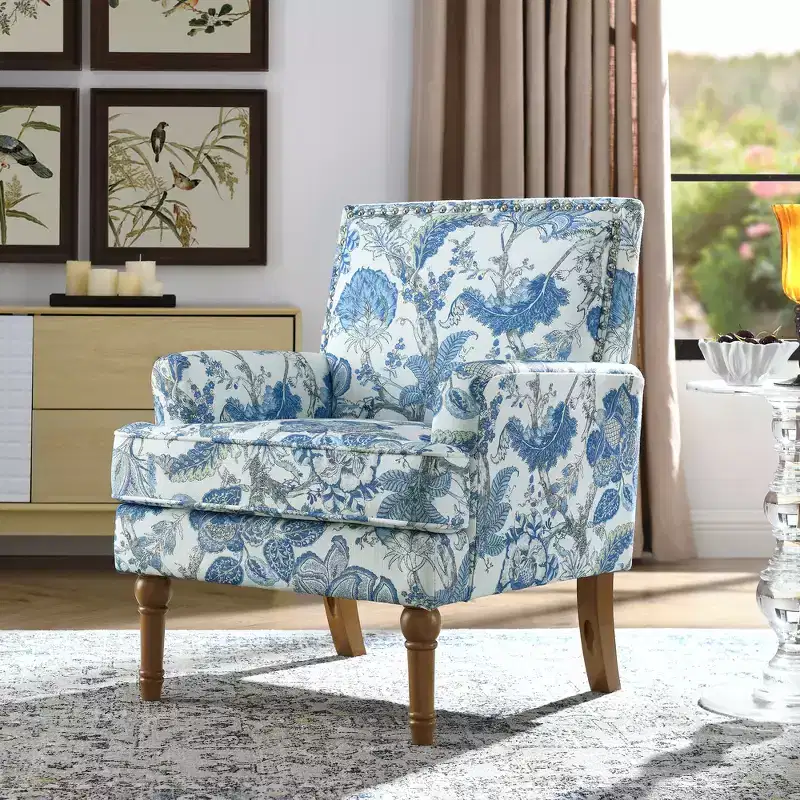 Floral Upholstered Accent Chair with Nailhead Trim, Solid Wood Legs