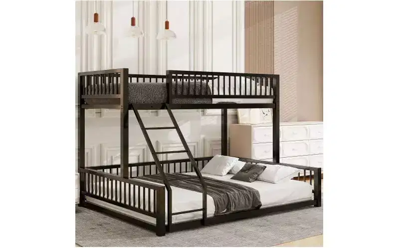 Twin XL over Queen Floor Bunk Bed Frame with Ladder and Safety Guardrails,Metal Floor Bunk Bed with Detachable Design,Easy Assemble, Black
