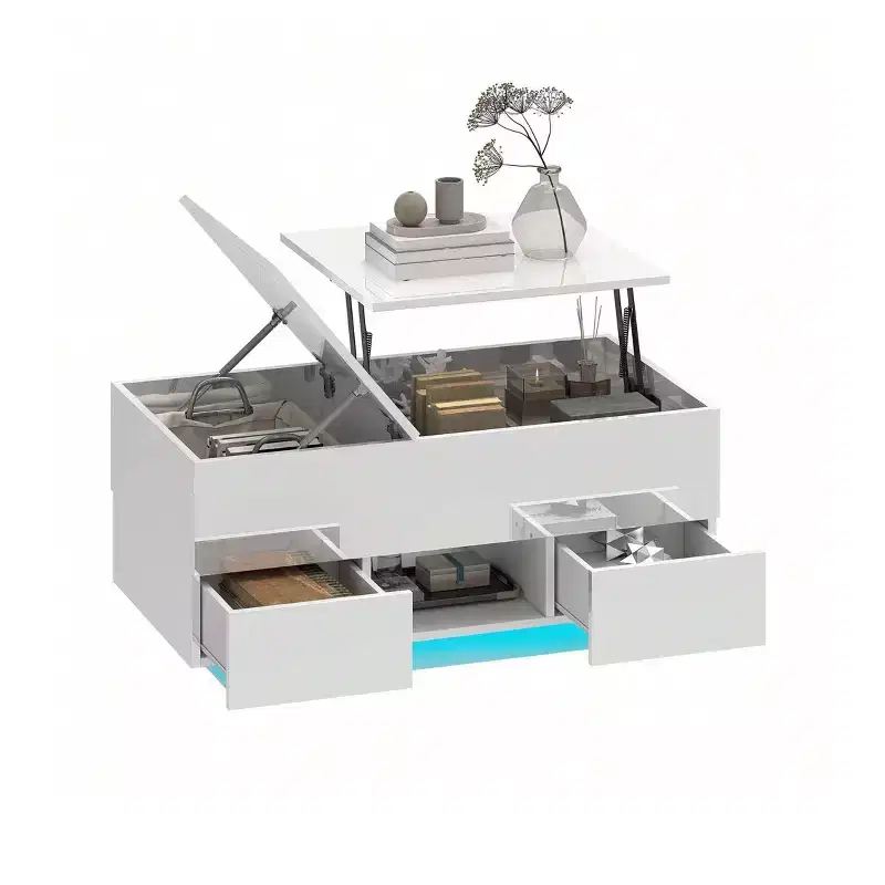 Rectangular LED Lift Top High Gloss Coffee Table With Charging Station and 2 Storage Drawers Open Shelf For Living Room