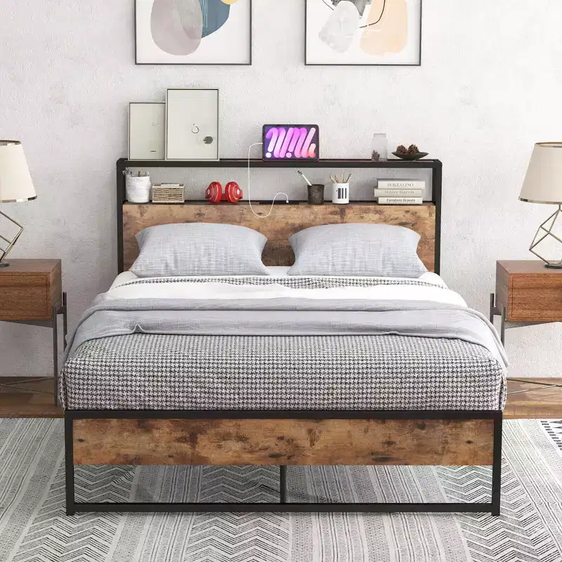 Full Size Industrial Platform Bed Frame with Charging Station & Storage Headboard