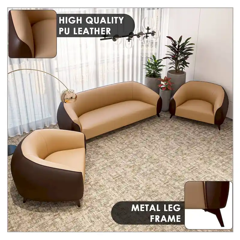 3-Piece Sofa Set Upholstered PU Leather with Solid Wood Frame and Steel Legs Opula Series by LeisureMod