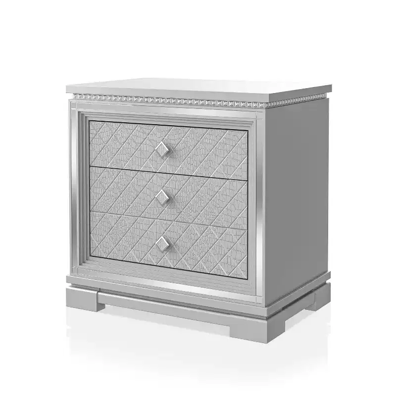Glam Silver Nightstand with 2 Drawers, Hidden Drawer & Built-In USB Charger