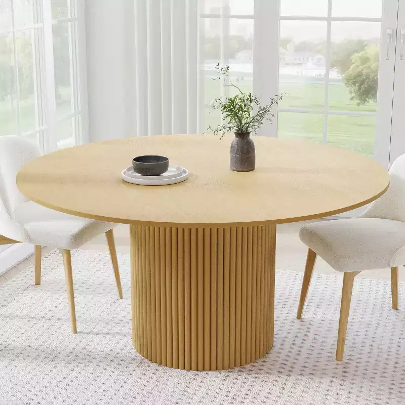 60 Solid Wood Round Dining Table Kitchen Table for 6-8 with Tabletop & Concave Cylinder Legs for Living/Dining Room Coffee Office Natural