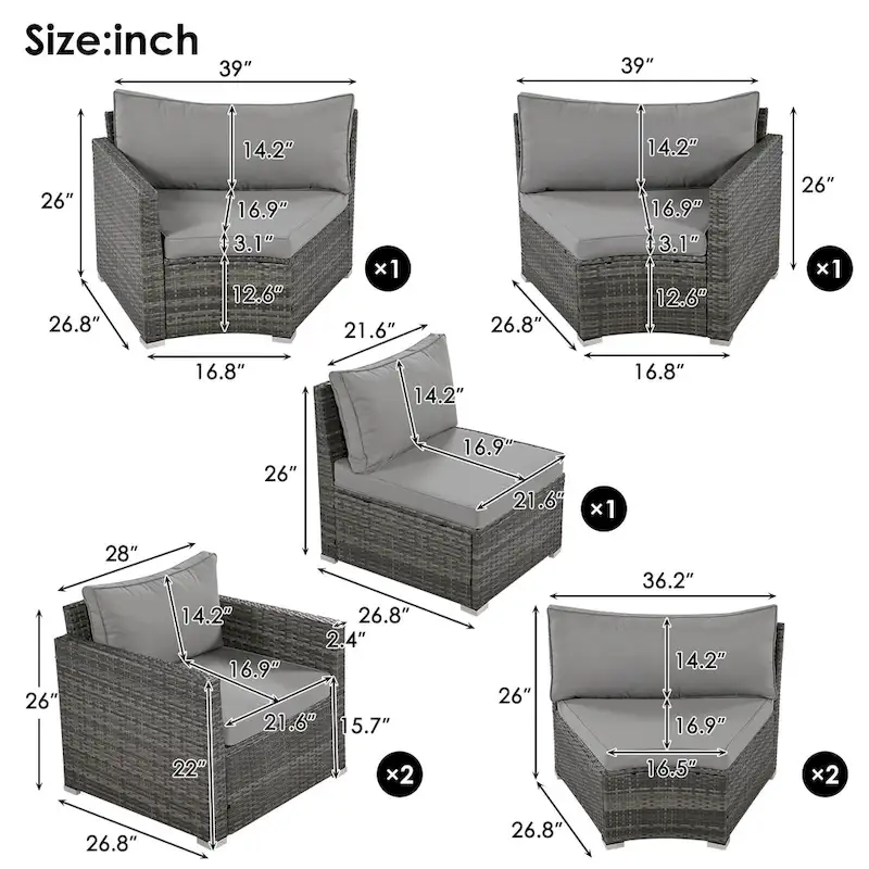 9-Piece Half-Moon Sectional Set with Nesting Table & Armchairs