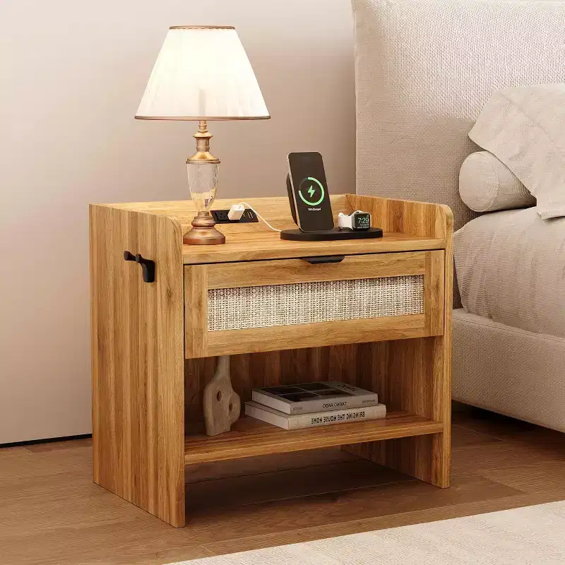 Rattan Nightstand, Bedside Table,1 Storage Drawer & Open Storage Space, Boho End Table Side Table for Bedroom Living Room Office, Large Night Stand