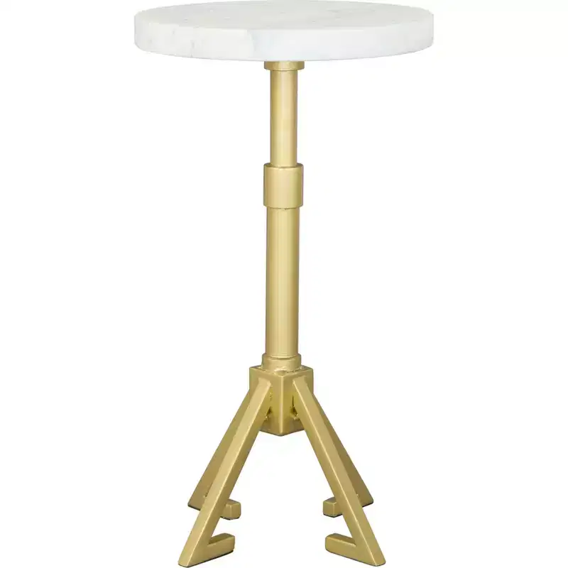 Side Table Marble White, Modern Round Iron Frame, Gold Finish, 22