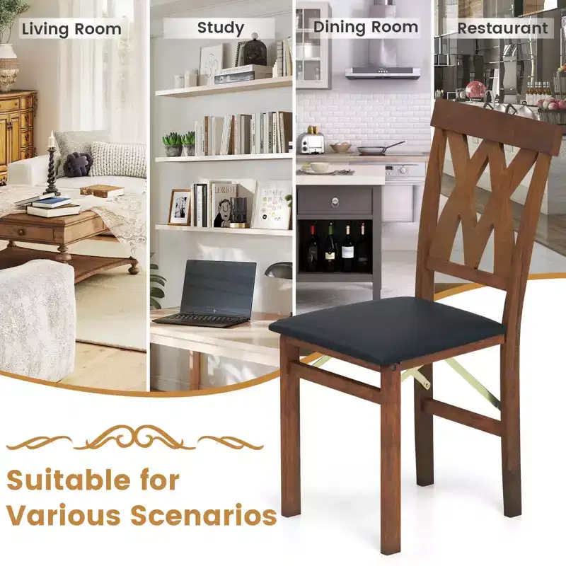 Costway Folding Kitchen Chairs Set of 2/4 with Rubber Wood Frame Padded Seat with PVC Leather White/Brown