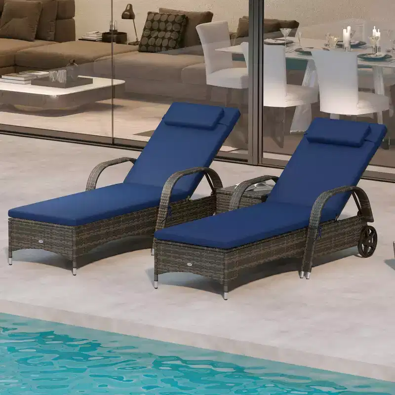 Patio Wicker Chaise Lounge Chair Set of 2 with Table, Adjustable Backrest, Wheels, Cushion & Headrest