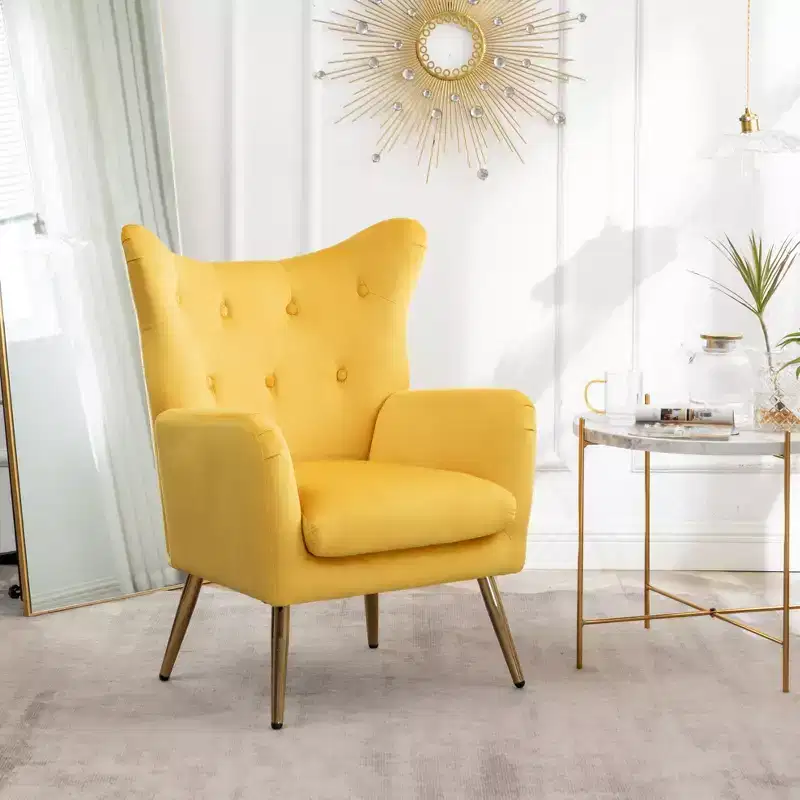Velvet Button-Tufted Wing Back Accent Chair - Yellow, Gold Metal Legs