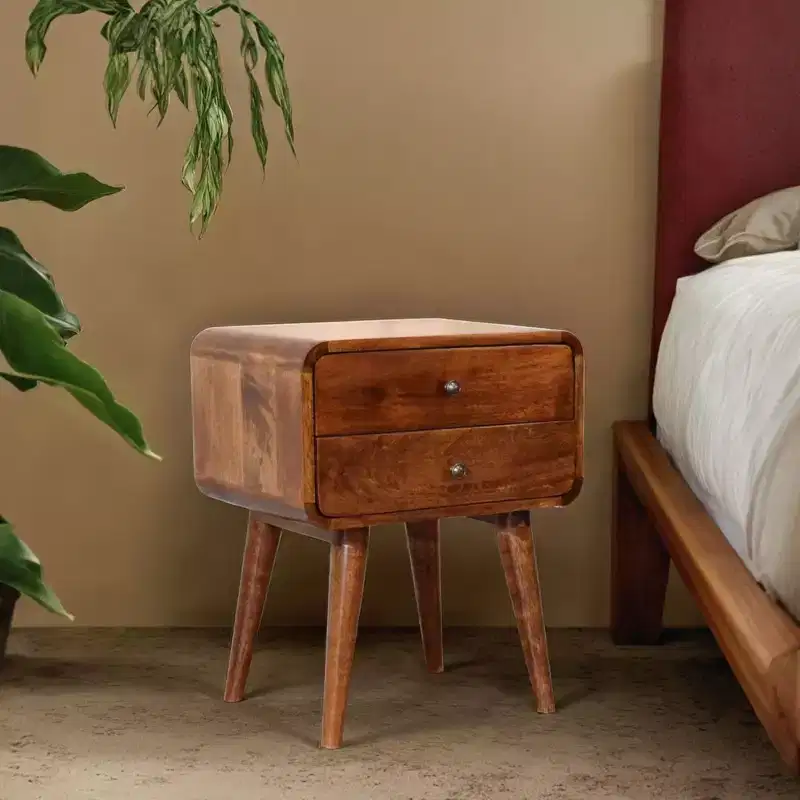 GDFStudio Hornby Modern Mango Wood Curved Nightstand with 2 Drawers