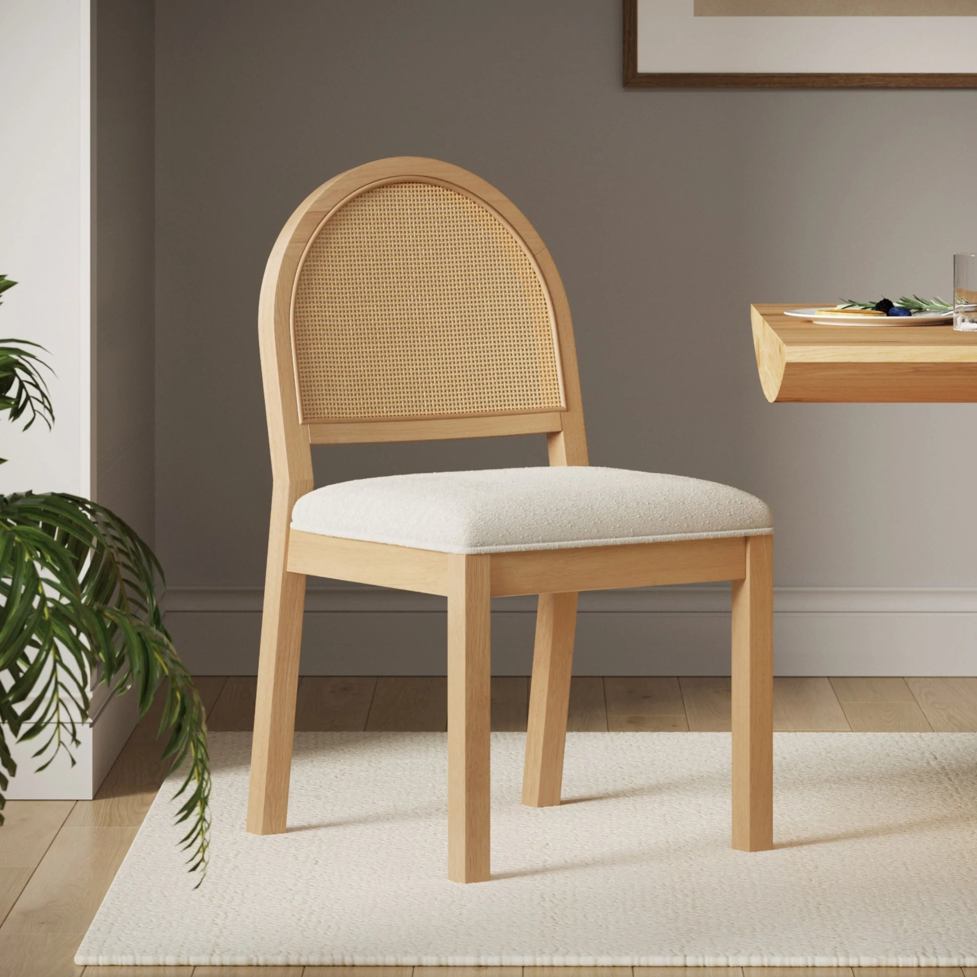 Boucle & Rattan Dining Chair Warm Pine