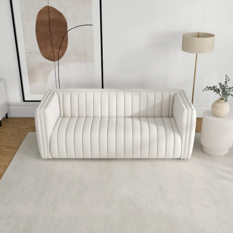 Rasam Mid Century Modern Luxury Tight Tufted Back French Boucle Couch in Cream