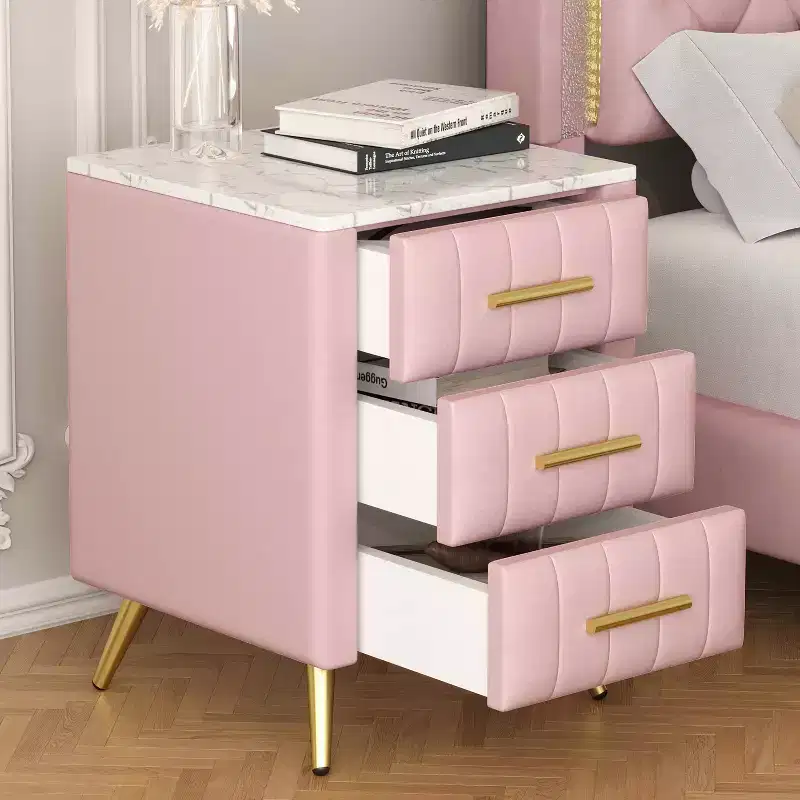 Upholstered Wooden Nightatand with 3 Drawers Metal Legs Handles for Bedroom Pink