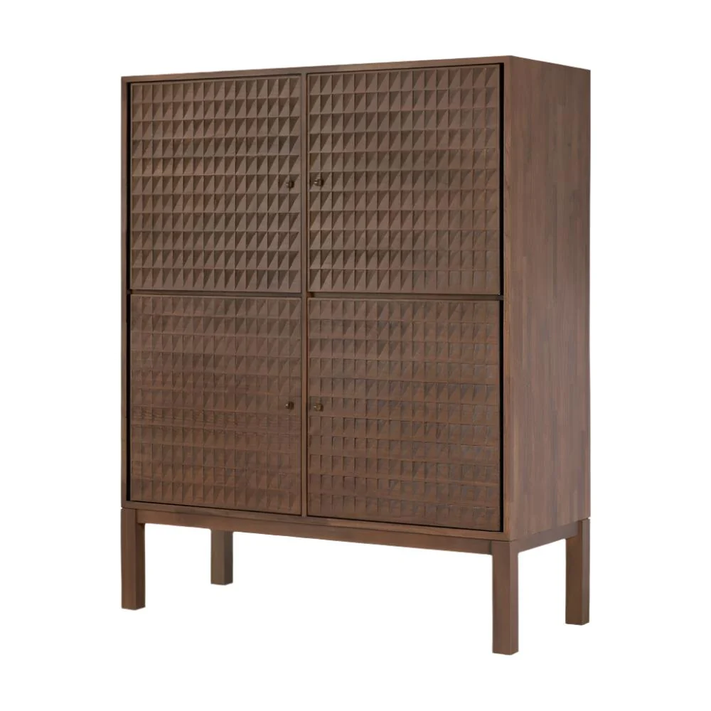 Antique-Inspired Solid Teak & Brass Cupboard with Hand-Carved Panels & Four Doors for Living Room or Dining Room
