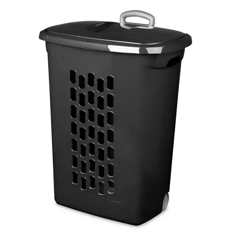 Sterilite Ultra Laundry Hamper, Wheeled Plastic Clothes Bin with Retractable Secure Grip Handle, Reinforced Rim, and Flip-Top Lid, Black, 18 Pack