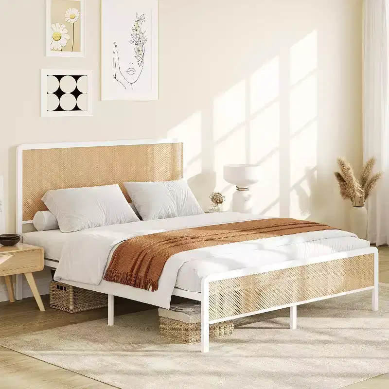 Rattan Bed Frame - Boho Headboard Platform w/ Steel Slats, Noise-Free, No Box Spring Needed