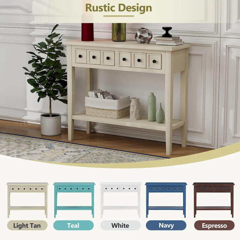 38.2 Rustic Console Table with Open Shelf and Three Drawers, Rubber Wood Legs