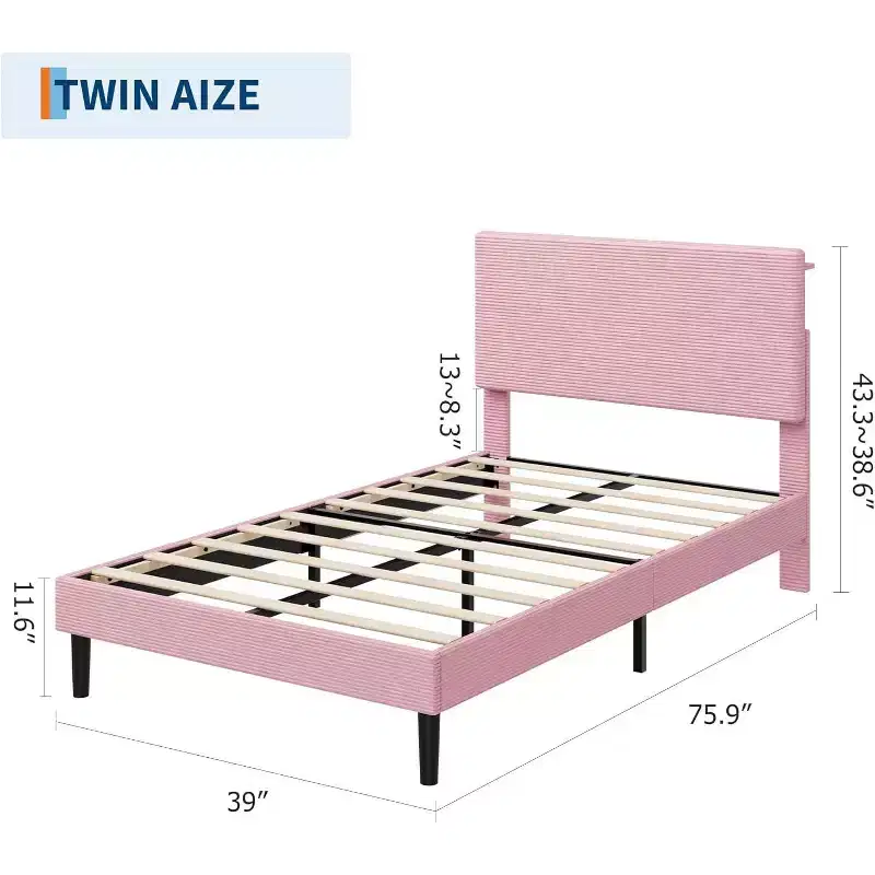 DobleePy Twin Size Pink Upholstered Platform Bed Frame with Storage Headboard & Charging Station, Corduroy, Noise-Free, No Box Spring Needed