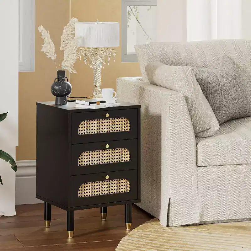 Black Rattan Nightstand with Charging Station, 3-Drawer Mid Century Modern Bedside Table