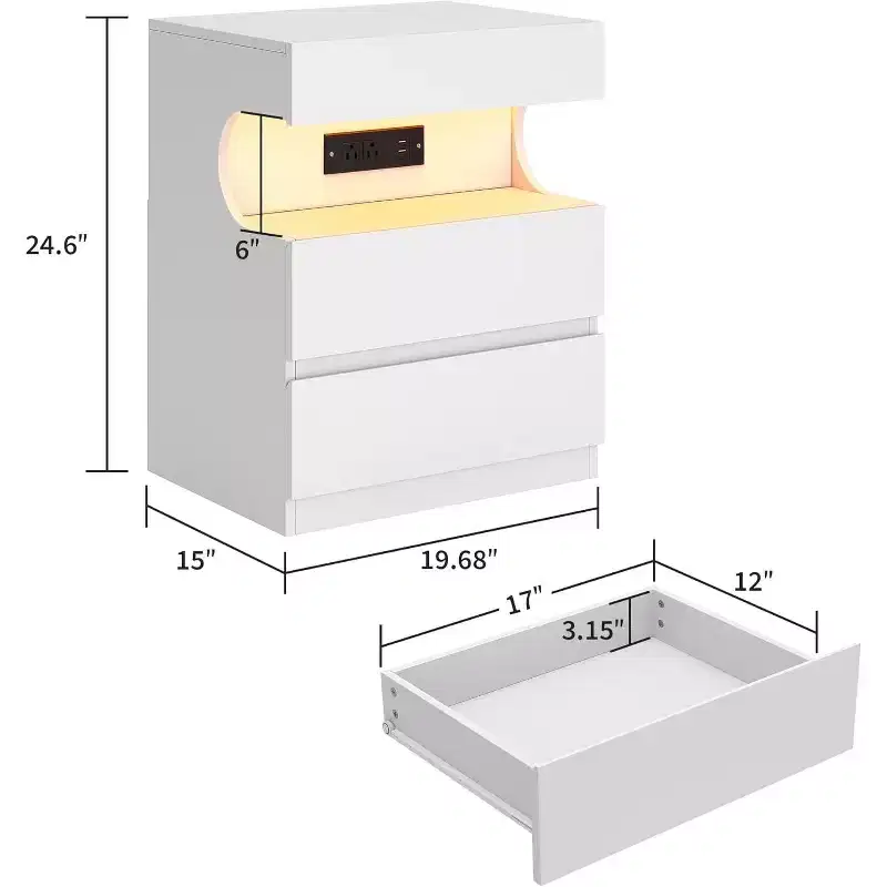 White Nightstand, Modern Bedside Table, 3 Drawer End Table, U-Shape Open Shelf, for Bedroom, Living room, Office
