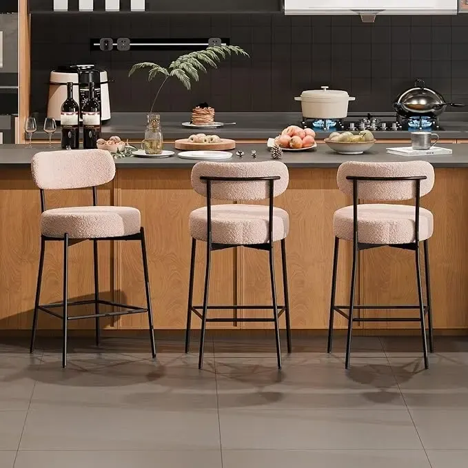 XINMICS 24 Inches Modern Counter Height Bar Stools with Curved Back Metal Legs, Upholstered Boucle Barstools, Set of 2/3/4 - N/A