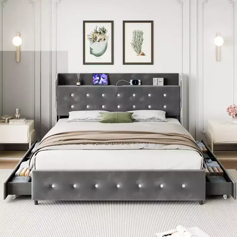 Queen Size Bed Frame with Storage - Upholstered Platform Bed with Charging Station, Trundle & 4 Drawers, Grey
