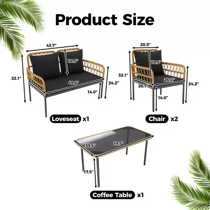 4-Piece Outdoor Patio Furniture Set with Table, Chaise Lounge & 2 Cushioned Armchairs, Rattan Balcony Set for Porch, Lawn, Poolside & Deck