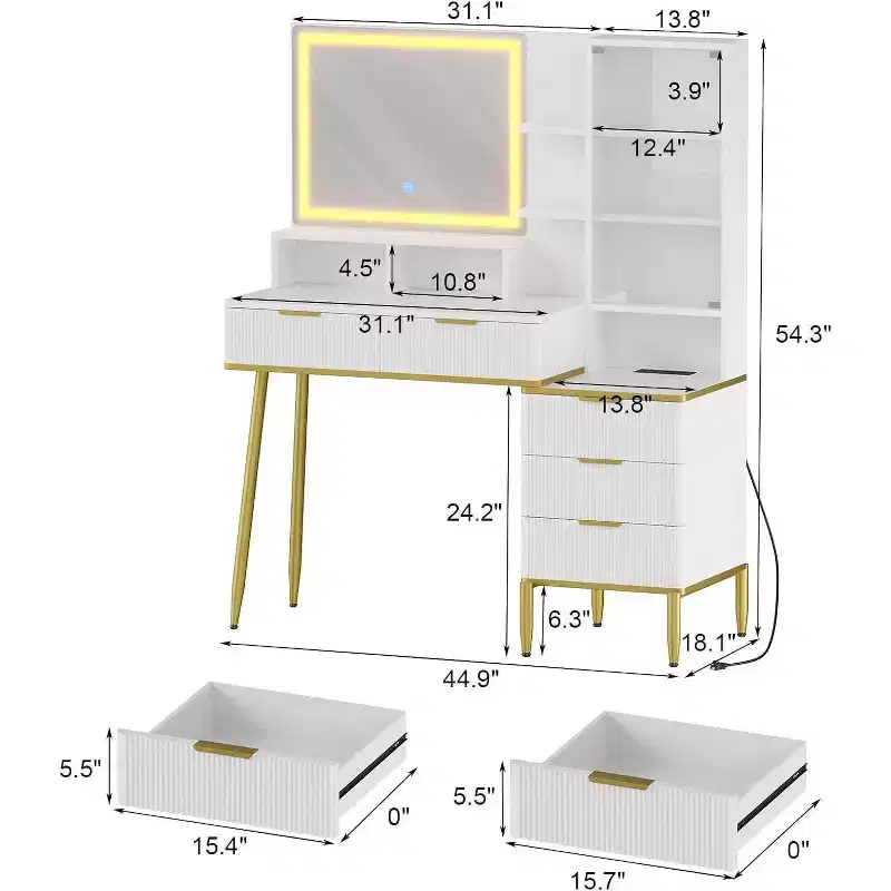 Fluted Vanity Desk with Mirror, 5 Drawers, Glass Shelves, Adjustable Lighting, Charging Ports, Bedroom Dressing Table, Wood Color, 45 Inch