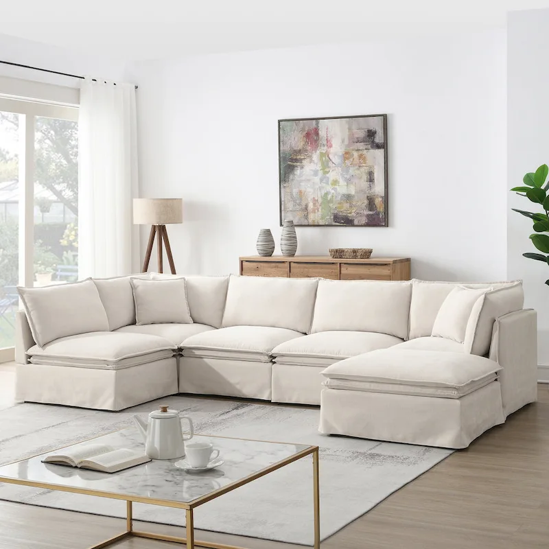 L Shaped Modular Sectional Chenille Sofa with Movable Ottoman