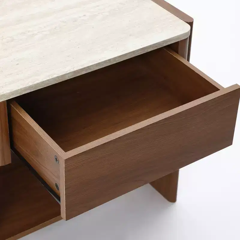 LuxenHome Faux Travertine Nightstand with Drawer and Open Shelf, MDF Wood Accent Side Table Brown
