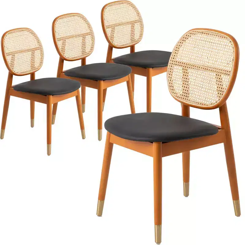 LeisureMod Holbeck Wicker Dining Chair with Upholstered Leather Seat and Beech Wood Legs, Set of 4