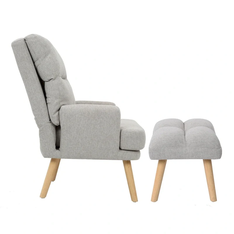 Accent Chair with Ottoman Set, Fabric Armchair with Wood Legs and Adjustable Backrest , Mid Century Modern Comfy Lounge Chair
