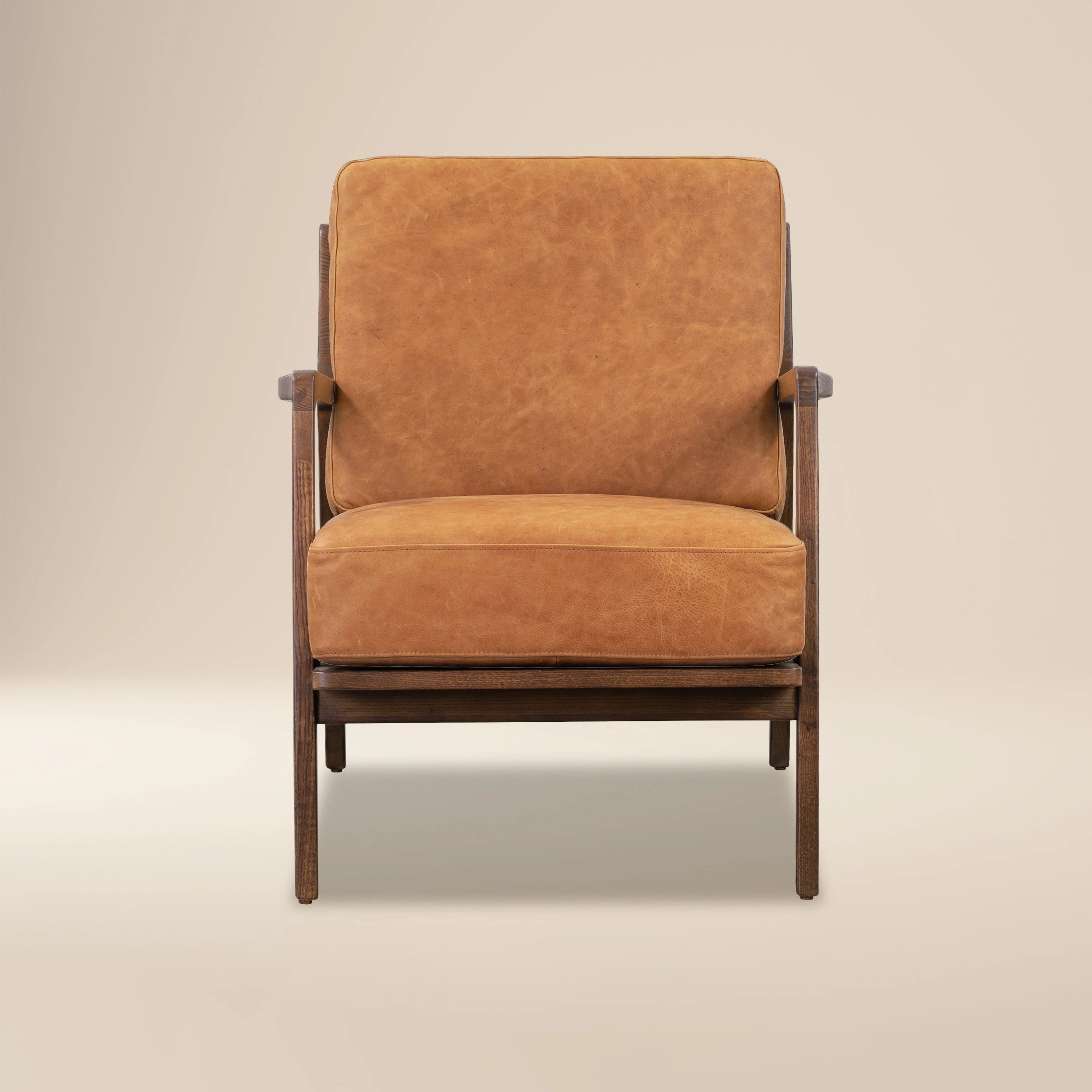 Modern Cognac Tan Leather Lounge Chair with Kiln-Dried Wood Frame