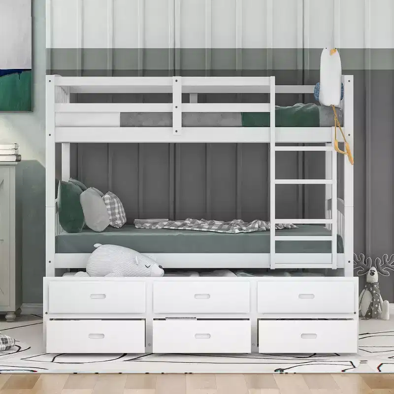 Twin over Twin Wood Bunk Bed with Ladder, Trundle & 3 Drawers – 400 lbs