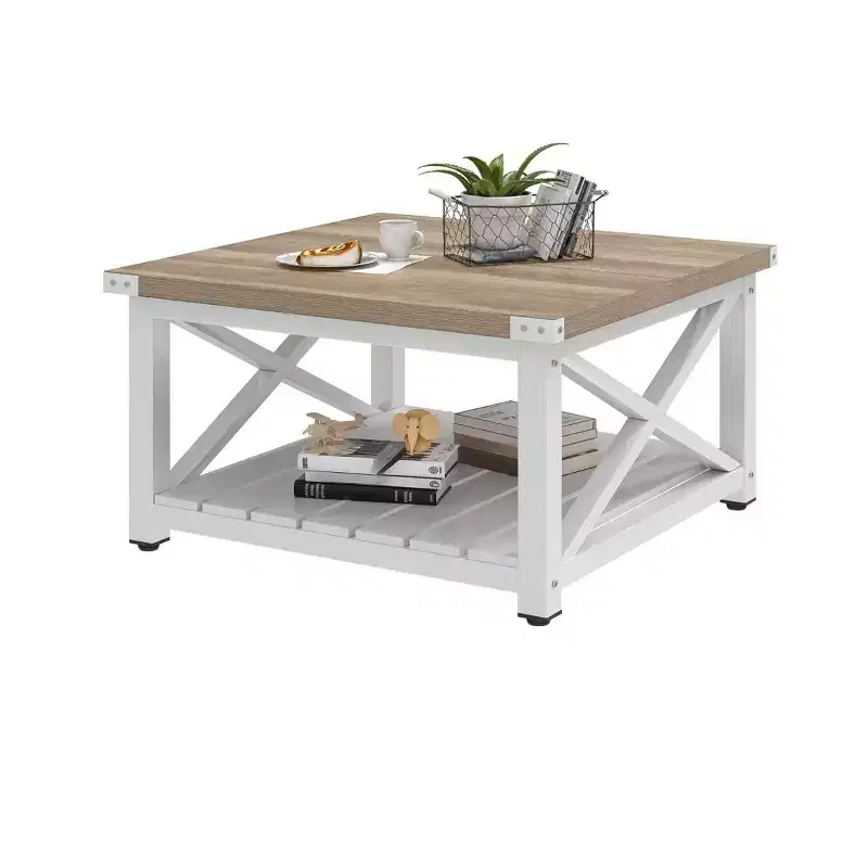 Square Farmhouse Coffee Table with Bottom Shelf - Wood, Grey Wash, 31.5
