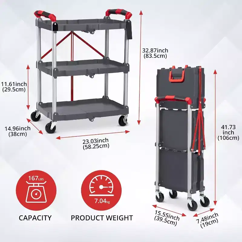 COZONY 3-Tier Folding Utility Cart, Portable Collapsible Service Trolley with Wheels, 156 Lbs Load Capacity, Heavy Duty for Garage & Workshop, Grey