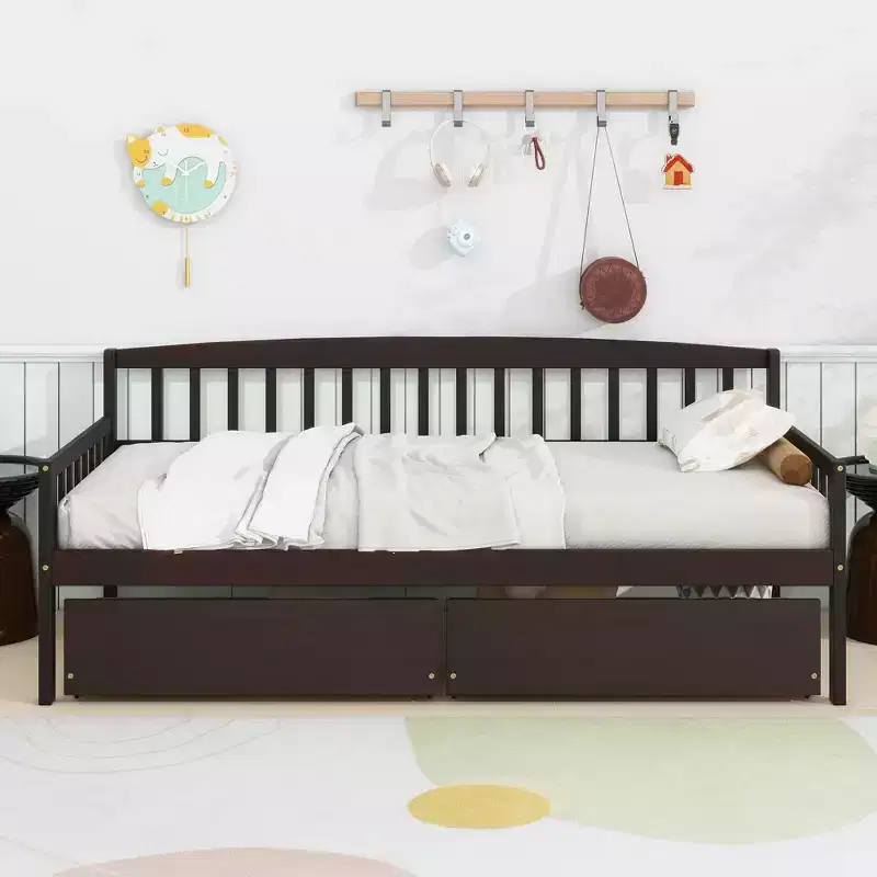 Twin Pine Wood Daybed with Two Storage Drawers, 10 Support Slats, Brown