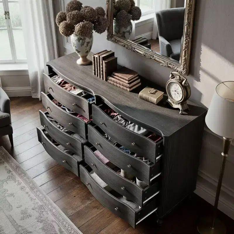 Black/Light Oak Curved-Front Vintage Dresser with 8 Drawers, Luxury Bedroom Storage Dresser with Bronze Knobs