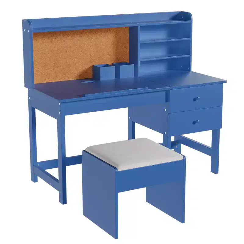 Kids Desk and Chair Set, Wooden Study Table with Adjustable Tilt Desktop, Drawers