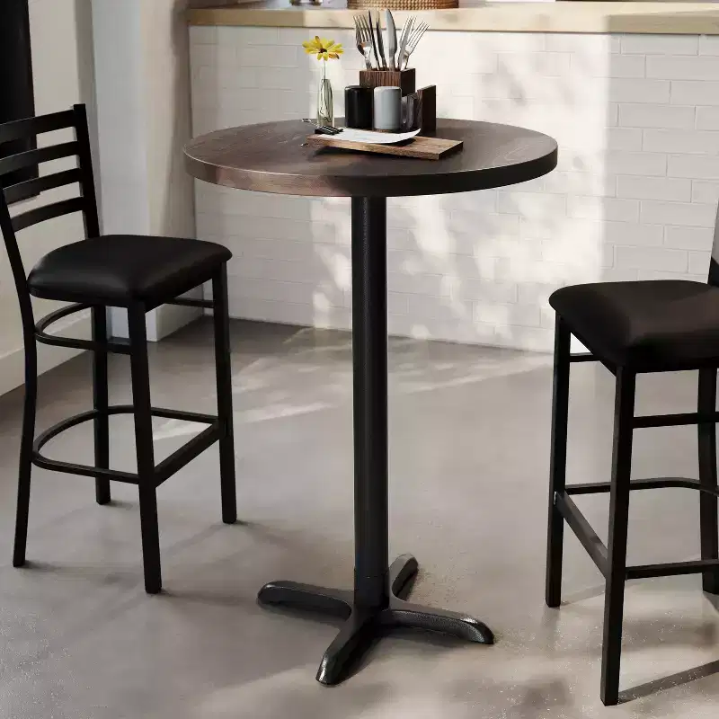 Flash Furniture Bennett Round Solid Wood Commercial Indoor Tabletop with 22 x 22 Bar Height Rust-Resistant Cast Iron X-Base