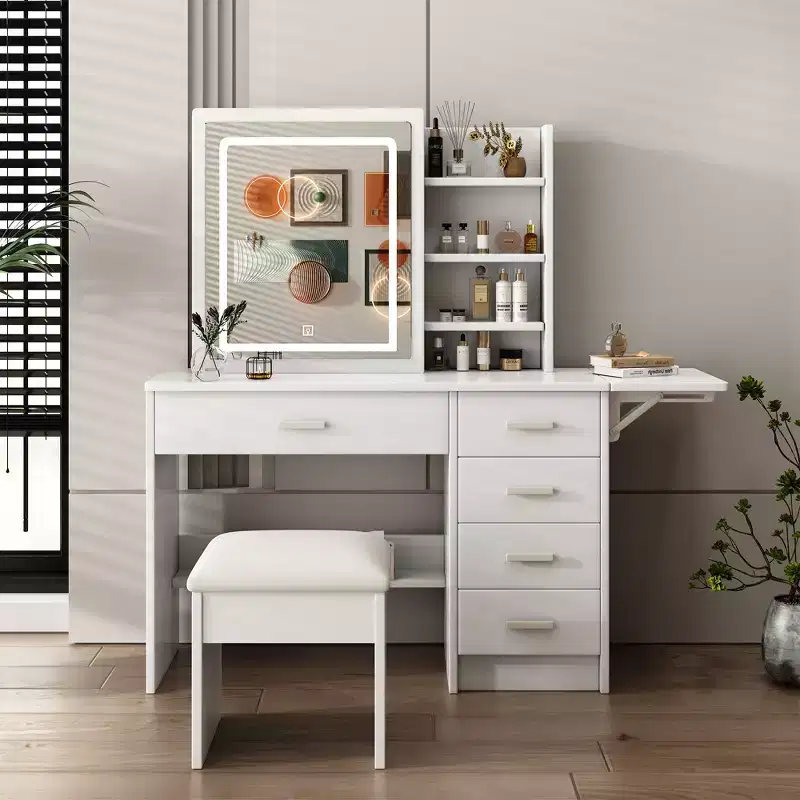 Modern 43.3 in Mirror Vanity Desk with Lights, 1 Chair, 5 Drawers and Open Shelves