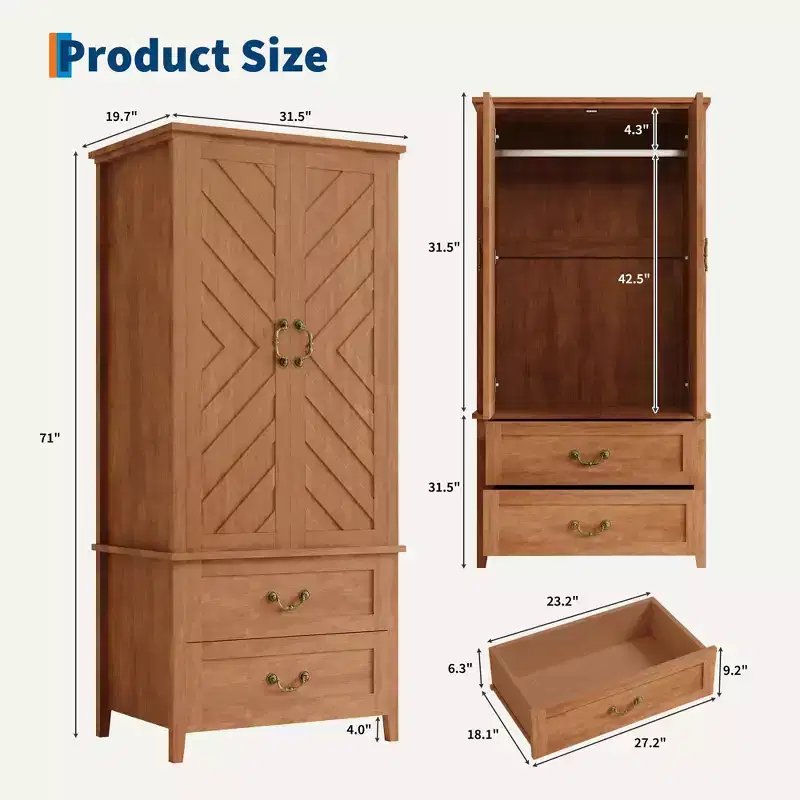 Wood Freestanding Armoire Wardrobe 71''H with 2 Doors & Hanging Rod