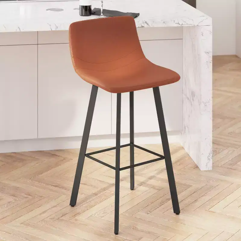 Merrick Lane Set of 2 Modern Upholstered Stools with Contoured, Low Back Bucket Seats and Iron Frames
